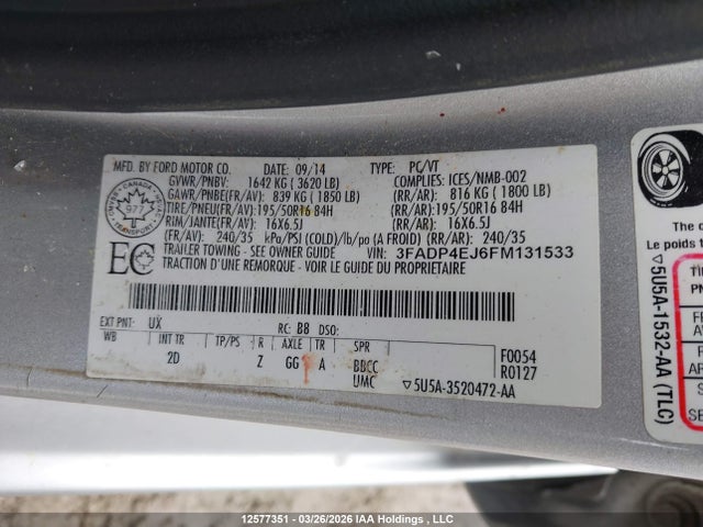 2015 Ford Fiesta Se მანქანა იყიდება აუქციონზე, vin: 3FADP4EJ6FM131533, აუქციონის ნომერი: 12577351