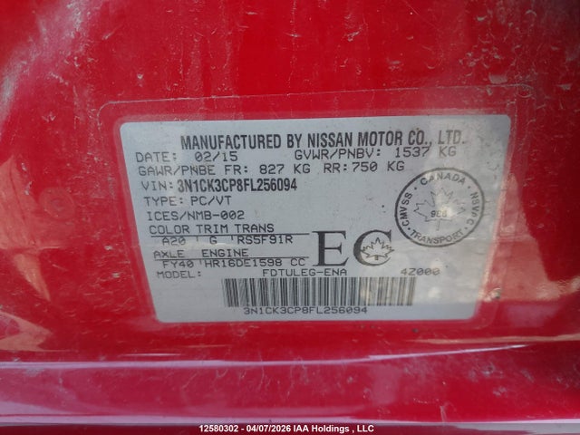 2015 Nissan Micra S/sr/sv მანქანა იყიდება აუქციონზე, vin: 3N1CK3CP8FL256094, აუქციონის ნომერი: 12580302