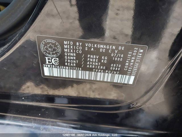 12581108 :رقم المزاد ، 3VW2B7AJ0HM217329 vin ، 2017 Volkswagen Jetta 1.4 Tsi Trendline+ مزاد بيع