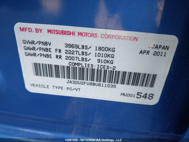 Продажа на аукционе авто 2011 Mitsubishi Lancer Se, vin: JA32U2FU8BU611035, номер лота: 12581265
