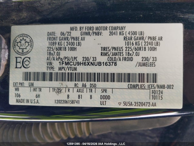 Ford ESCAPE SEL 2022 1FMCU9H6XNUB16378 Image 17