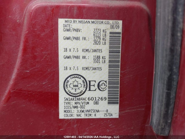 12591403 :رقم المزاد ، 5N1AR1NB4AC601269 vin ، 2010 Nissan Pathfinder Se مزاد بيع