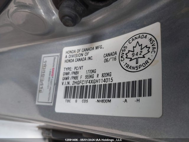 Продажа на аукционе авто 2016 Honda Civic Ex, vin: 2HGFC1F4XGH114015, номер лота: 12591406