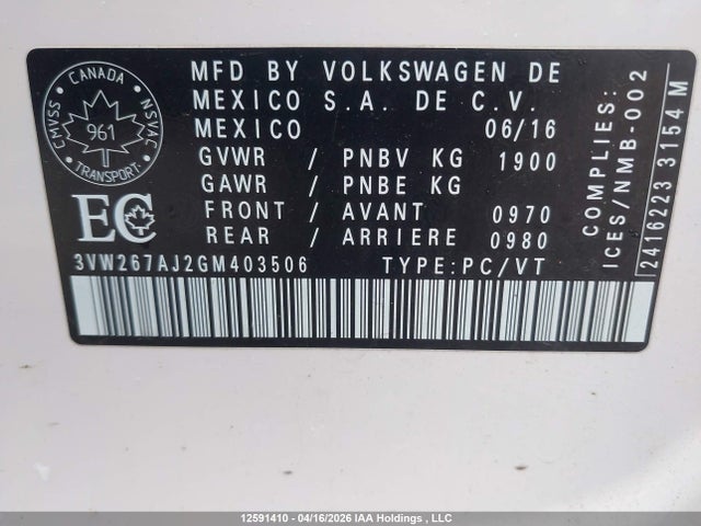 2016 Volkswagen Jetta 1.4 Tsi Trendline/1.4 Tsi Trendline+ მანქანა იყიდება აუქციონზე, vin: 3VW267AJ2GM403506, აუქციონის ნომერი: 12591410