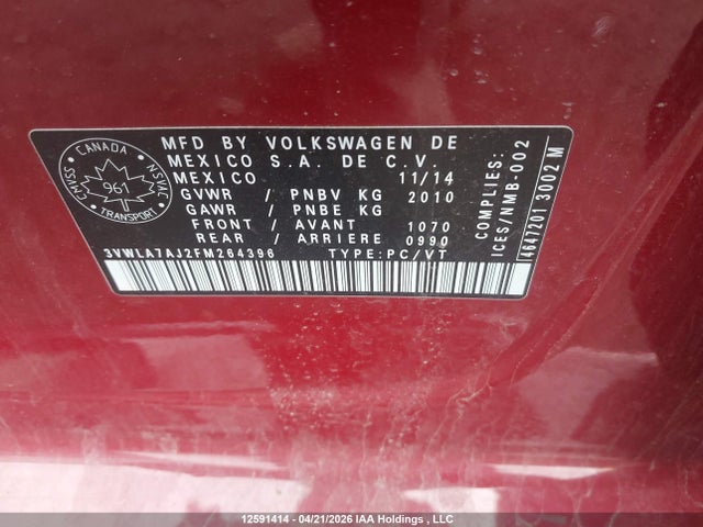 12591414 :رقم المزاد ، 3VWLA7AJ2FM264396 vin ، 2015 Volkswagen Jetta 2.0 Tdi Highline مزاد بيع