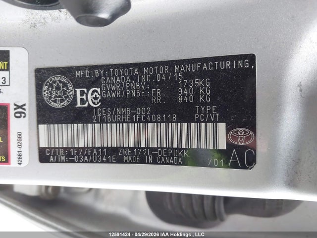12591424 :رقم المزاد ، 2T1BURHE1FC408118 vin ، 2015 Toyota Corolla مزاد بيع