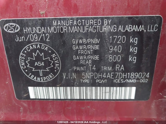 Aukcja sprzedaży 2013 Hyundai Elantra Gls/limited, vin: 5NPDH4AE7DH189024, numer aukcji: 12591425