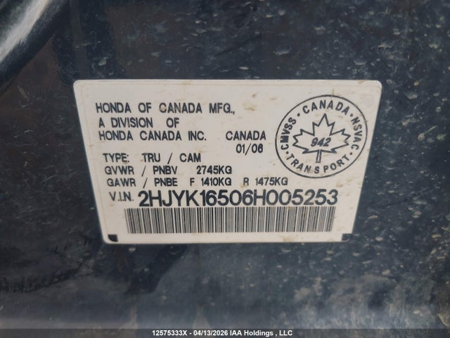 Продаж на аукціоні авто 2006 Honda Ridgeline Ex-l, vin: 2HJYK16506H005253, номер лоту: 12575333