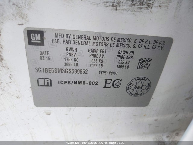 3G1BE5SM3GS599852 Chevrolet CRUZE LT