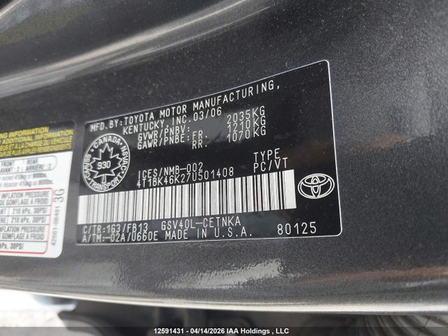 2007 Toyota Camry Le V6/se V6/xle V6 მანქანა იყიდება აუქციონზე, vin: 4T1BK46K27U501408, აუქციონის ნომერი: 12591431