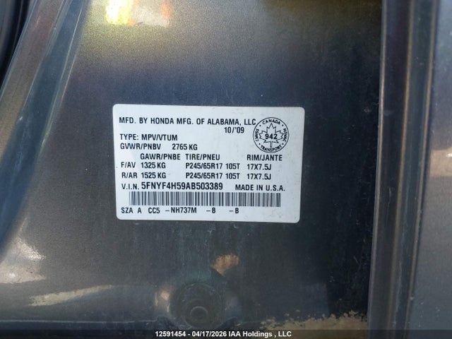 Продажа на аукционе авто 2010 Honda Pilot Exl, vin: 5FNYF4H59AB503389, номер лота: 12591454