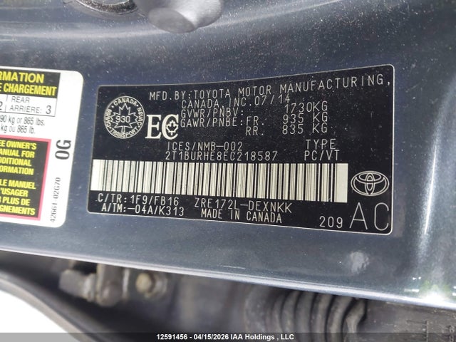 2014 Toyota Corolla L/le/le Pls/prm/s/s Pls მანქანა იყიდება აუქციონზე, vin: 2T1BURHE8EC218587, აუქციონის ნომერი: 12591456