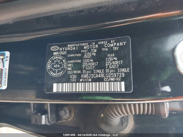 12591459 :رقم المزاد ، KM8J3CA48LU259729 vin ، 2020 Hyundai Tucson Limited/sel/sport/ultimate/value مزاد بيع