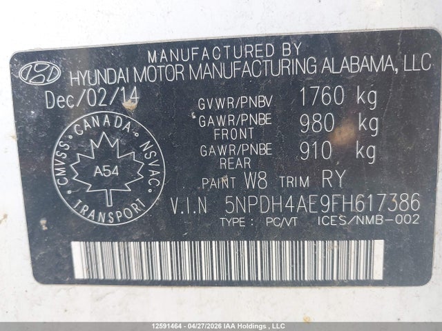 Продаж на аукціоні авто 2015 Hyundai Elantra Gl, vin: 5NPDH4AE9FH617386, номер лоту: 12591464