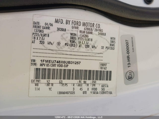 Aukcja sprzedaży 2006 Ford Explorer Eddie Bauer, vin: 1FMEU748X6UB31257, numer aukcji: 12591472