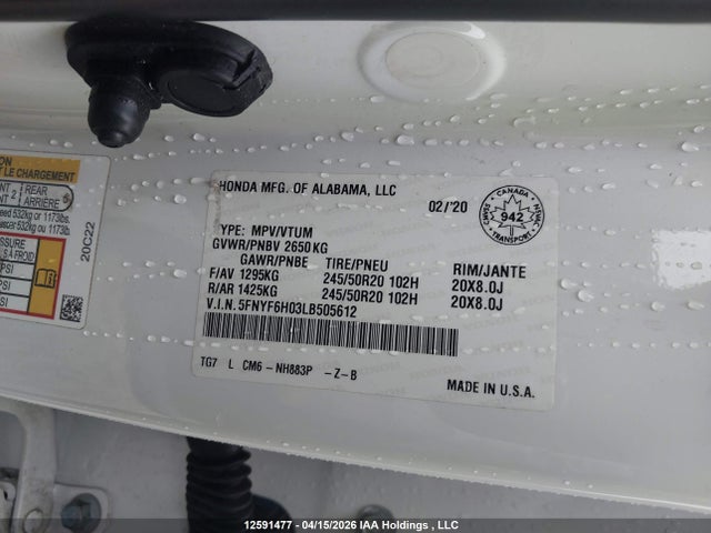 5FNYF6H03LB505612 Honda Pilot Elite