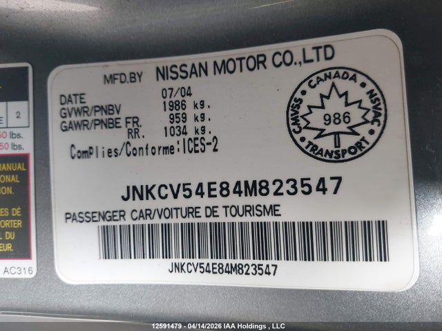 Aukcja sprzedaży 2004 Infiniti G35, vin: JNKCV54E84M823547, numer aukcji: 12591479
