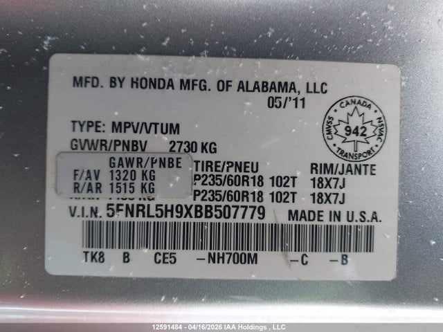 Продаж на аукціоні авто 2011 Honda Odyssey Touring/touring Elite, vin: 5FNRL5H9XBB507779, номер лоту: 12591484