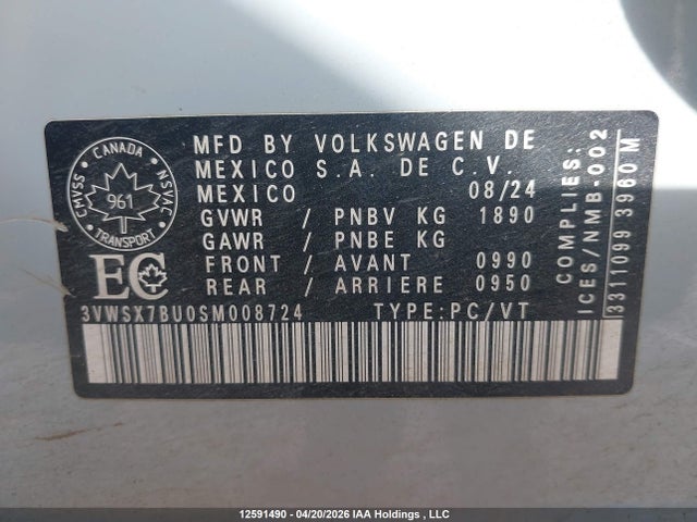 Aukcja sprzedaży 2025 Volkswagen Jetta Comfortline, vin: 3VWSX7BU0SM008724, numer aukcji: 12591490