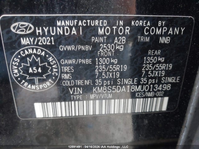 2021 Hyundai Santa Fe Luxury Hybrid Awd მანქანა იყიდება აუქციონზე, vin: KM8S5DA18MU013498, აუქციონის ნომერი: 12591491