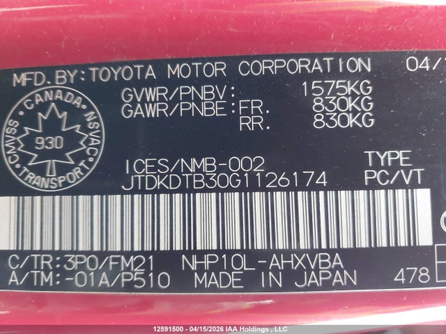 JTDKDTB30G1126174 Toyota PRIUS C