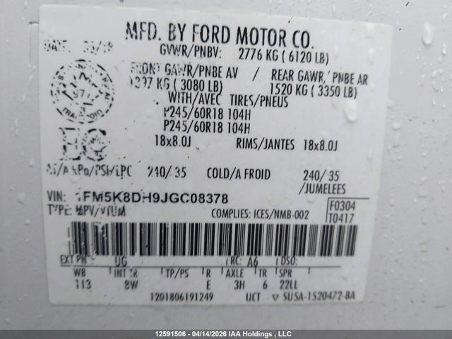1FM5K8DH9JGC08378 Ford EXPLORER XLT