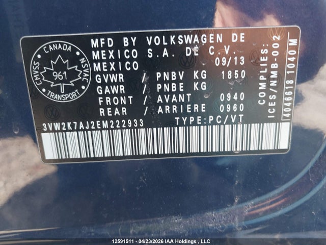 Aukcja sprzedaży 2014 Volkswagen Jetta S, vin: 3VW2K7AJ2EM222933, numer aukcji: 12591511