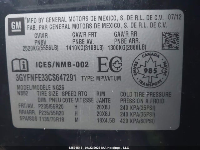 Aukcja sprzedaży 2012 Cadillac Srx Premium Collection, vin: 3GYFNFE33CS647291, numer aukcji: 12591515
