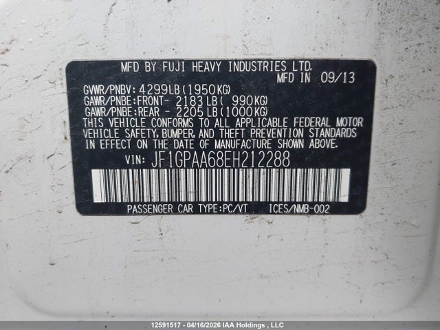 Aukcja sprzedaży 2014 Subaru Impreza 2.0i, vin: JF1GPAA68EH212288, numer aukcji: 12591517