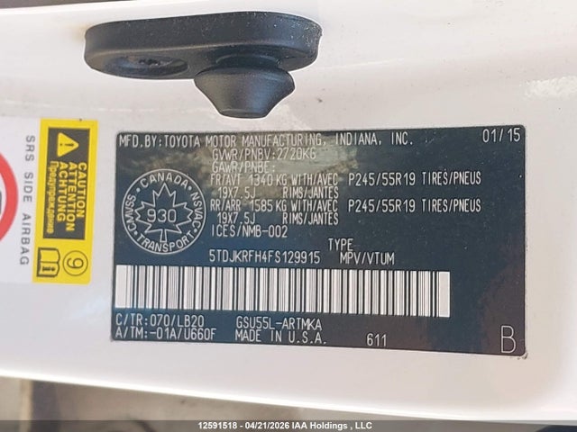 5TDJKRFH4FS129915 Toyota Highlander Xle