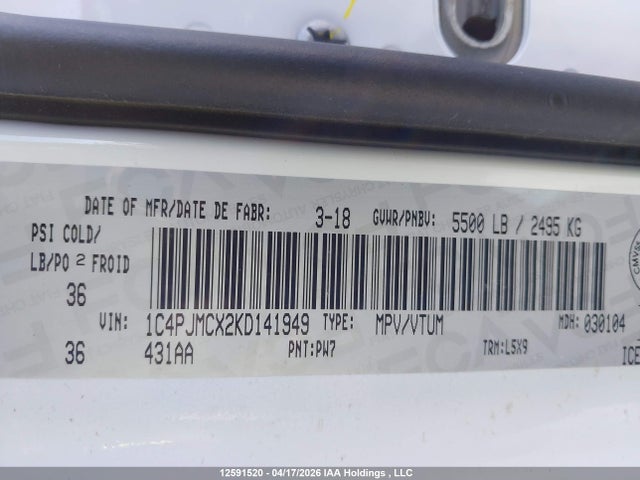12591520 :رقم المزاد ، 1C4PJMCX2KD141949 vin ، 2019 Jeep Cherokee North مزاد بيع