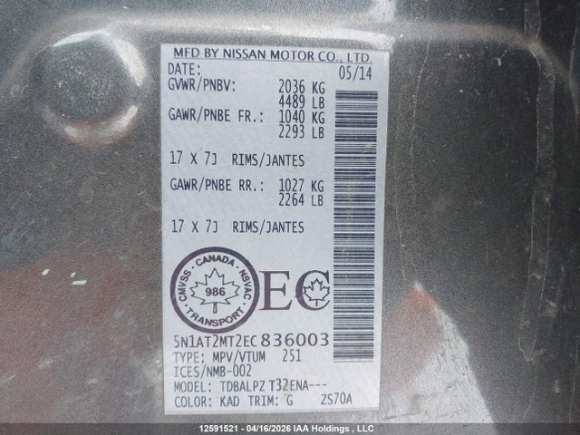 Aukcja sprzedaży 2014 Nissan Rogue S/sv, vin: 5N1AT2MT2EC836003, numer aukcji: 12591521