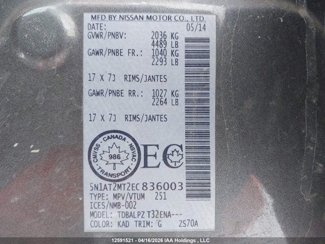Aukcja sprzedaży 2014 Nissan Rogue S/sv, vin: 5N1AT2MT2EC836003, numer aukcji: 12591521