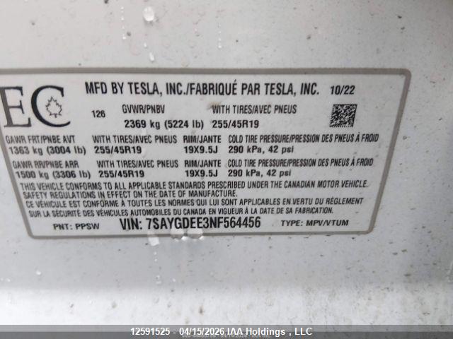 Aukcja sprzedaży 2022 Tesla Model Y, vin: 7SAYGDEE3NF564456, numer aukcji: 12591525