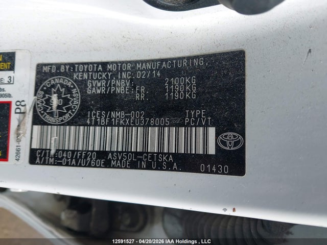 12591527 :رقم المزاد ، 4T1BF1FKXEU378005 vin ، 2014 Toyota Camry Se مزاد بيع