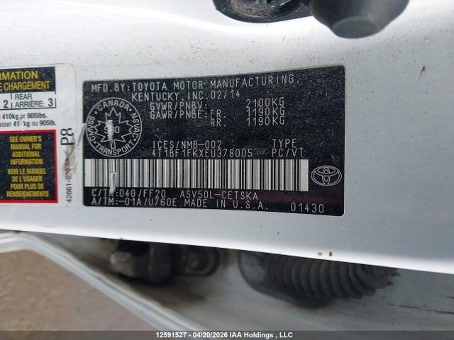 12591527 :رقم المزاد ، 4T1BF1FKXEU378005 vin ، 2014 Toyota Camry Se مزاد بيع