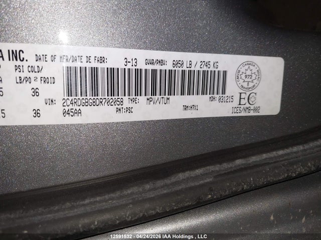 12591532 :رقم المزاد ، 2C4RDGBG8DR702058 vin ، 2013 Dodge Grand Caravan Se/sxt مزاد بيع