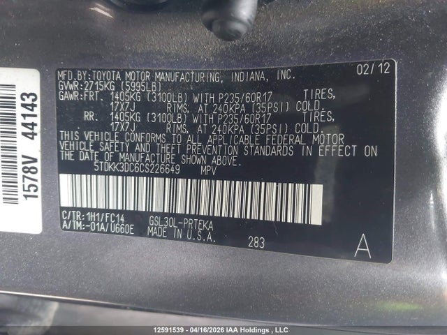 Продаж на аукціоні авто 2012 Toyota Sienna Le V6, vin: 5TDKK3DC6CS226649, номер лоту: 12591539