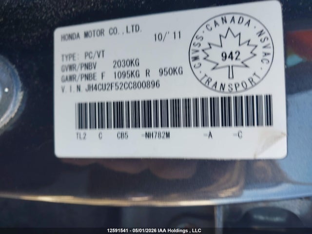 Auction sale of the 2012 Acura Tsx Premium, vin: JH4CU2F52CC800896, lot number: 12591541
