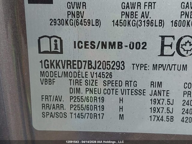 12591543 :رقم المزاد ، 1GKKVRED7BJ205293 vin ، 2011 Gmc Acadia Slt مزاد بيع