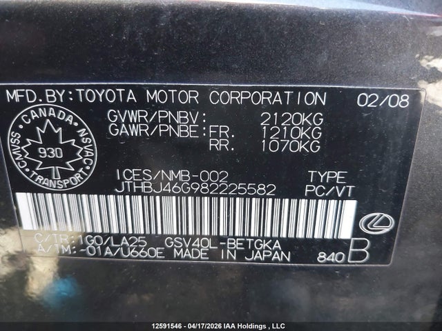 Продаж на аукціоні авто 2008 Lexus Es 350 350, vin: JTHBJ46G982225582, номер лоту: 12591546
