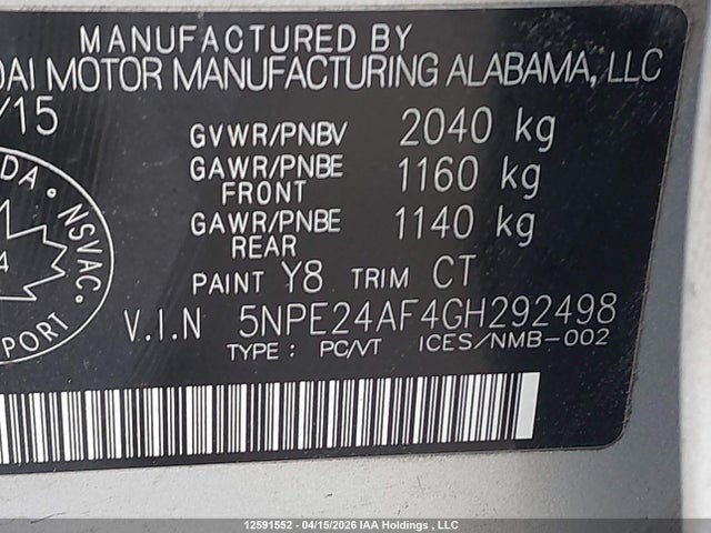 5NPE24AF4GH292498 Hyundai SONATA SE