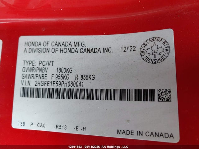 2023 Honda Civic Si Si მანქანა იყიდება აუქციონზე, vin: 2HGFE1E59PH080041, აუქციონის ნომერი: 12591553