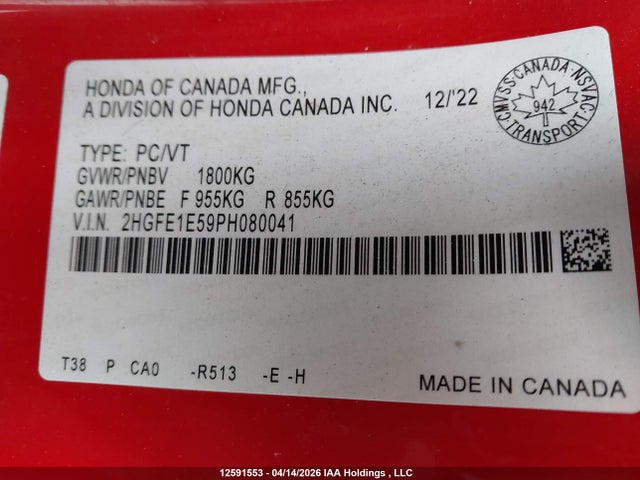 2023 Honda Civic Si Si მანქანა იყიდება აუქციონზე, vin: 2HGFE1E59PH080041, აუქციონის ნომერი: 12591553