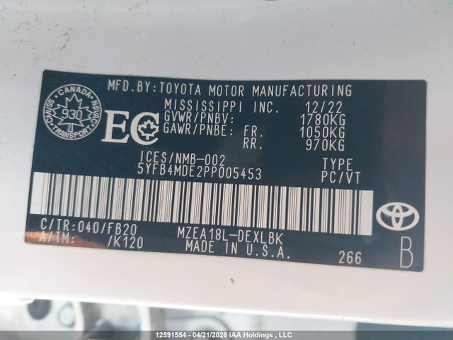 Aukcja sprzedaży 2023 Toyota Corolla, vin: 5YFB4MDE2PP005453, numer aukcji: 12591554