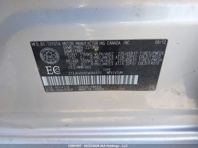 Продажа на аукционе авто 2012 Toyota Rav4 Base V6, vin: 2T3JK4DV8CW084970, номер лота: 12591557