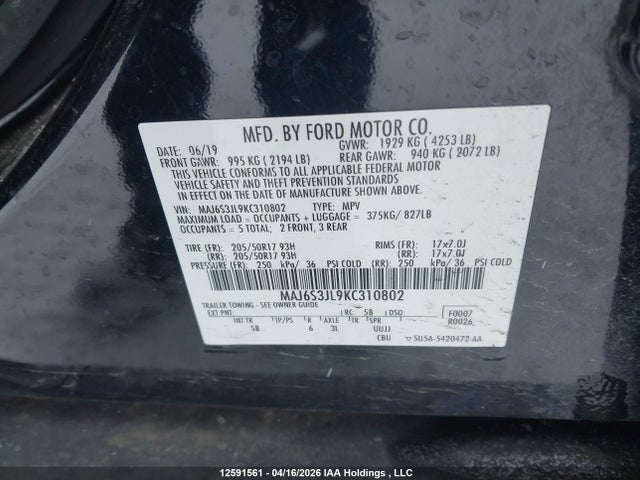 12591561 :رقم المزاد ، MAJ6S3JL9KC310802 vin ، 2019 Ford Ecosport Ses مزاد بيع