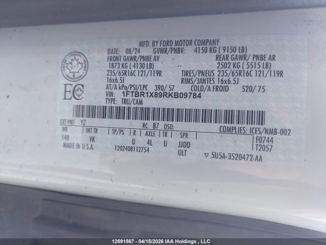 Продажа на аукционе авто 2024 Ford Transit T-250, vin: 1FTBR1X89RKB09784, номер лота: 12591567