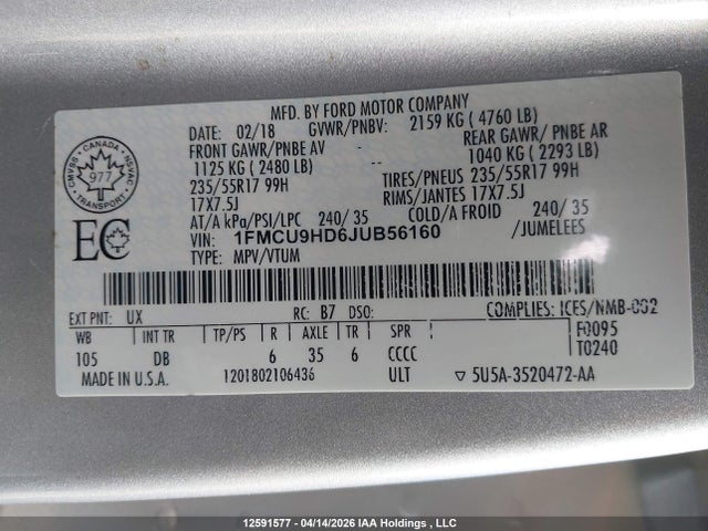 1FMCU9HD6JUB56160 Ford ESCAPE SEL