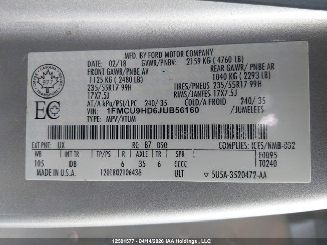 1FMCU9HD6JUB56160 Ford ESCAPE SEL
